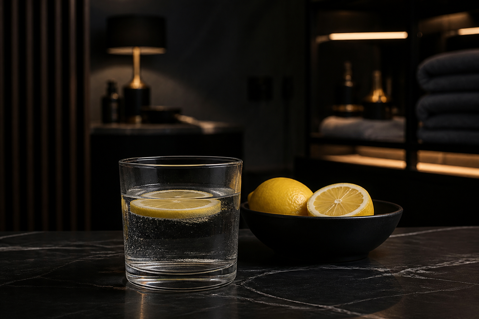 Vaso de agua con una rodaja de limón sobre superficie oscura, ambiente elegante y tenue.