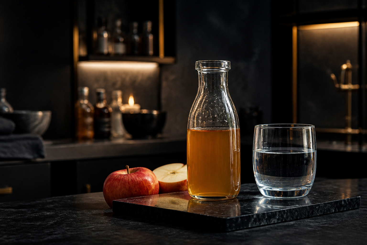 Botella de vinagre de manzana, un vaso de agua y manzanas sobre una encimera oscura.