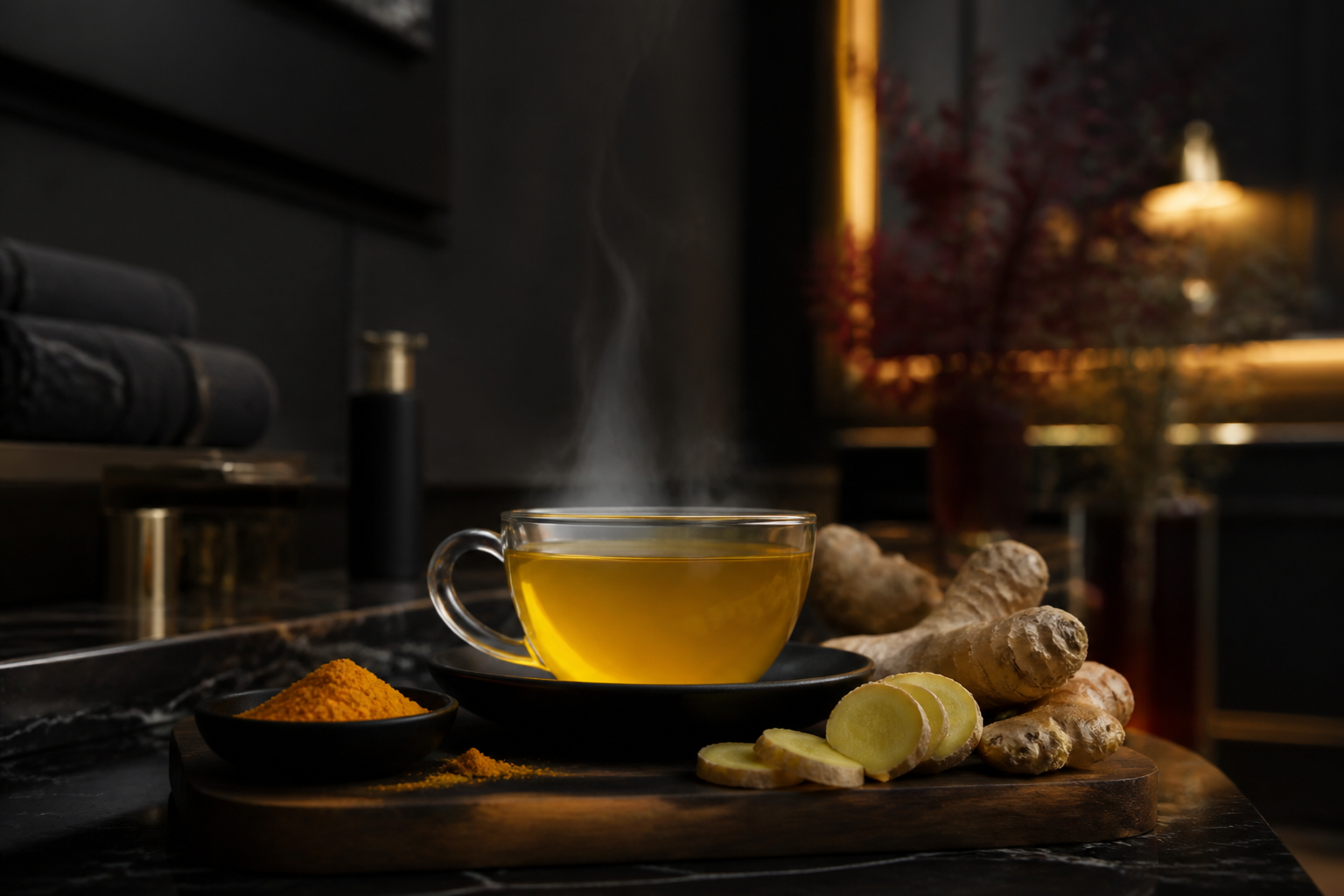 Taza de té caliente con jengibre fresco y cúrcuma sobre una tabla de madera, ambiente oscuro.