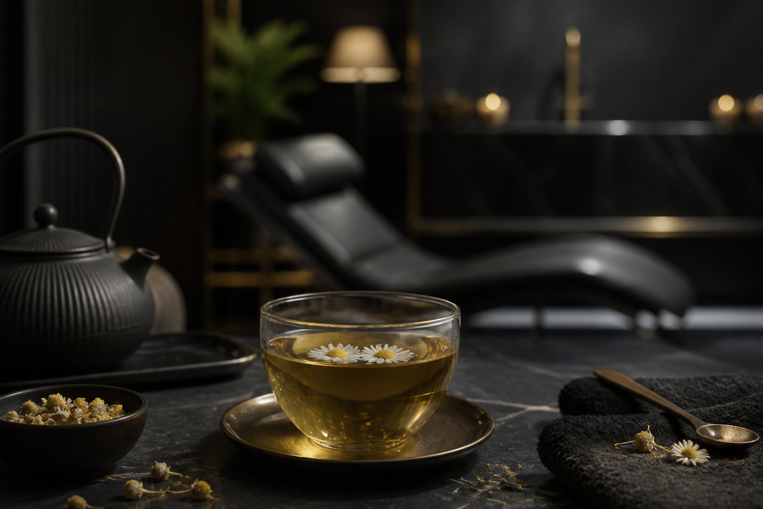 Taza de té de manzanilla con flores, ambiente relajante y tenue.