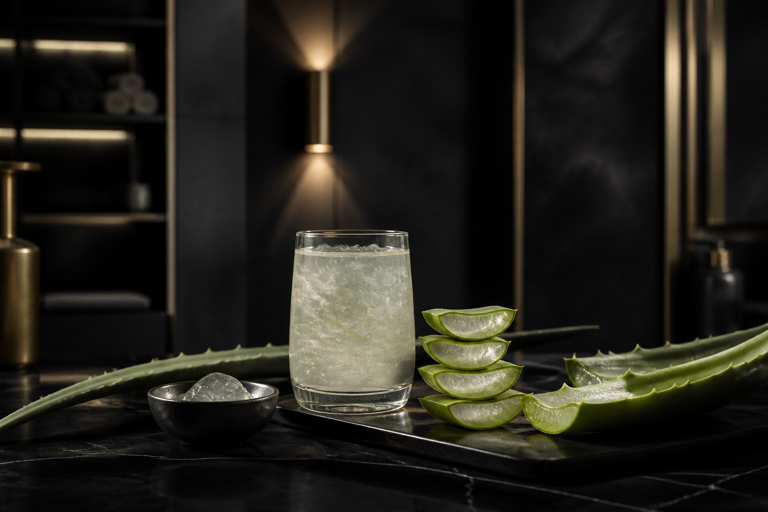 Vaso con jugo de aloe vera y hielo junto a hojas de la planta, superficie oscura.