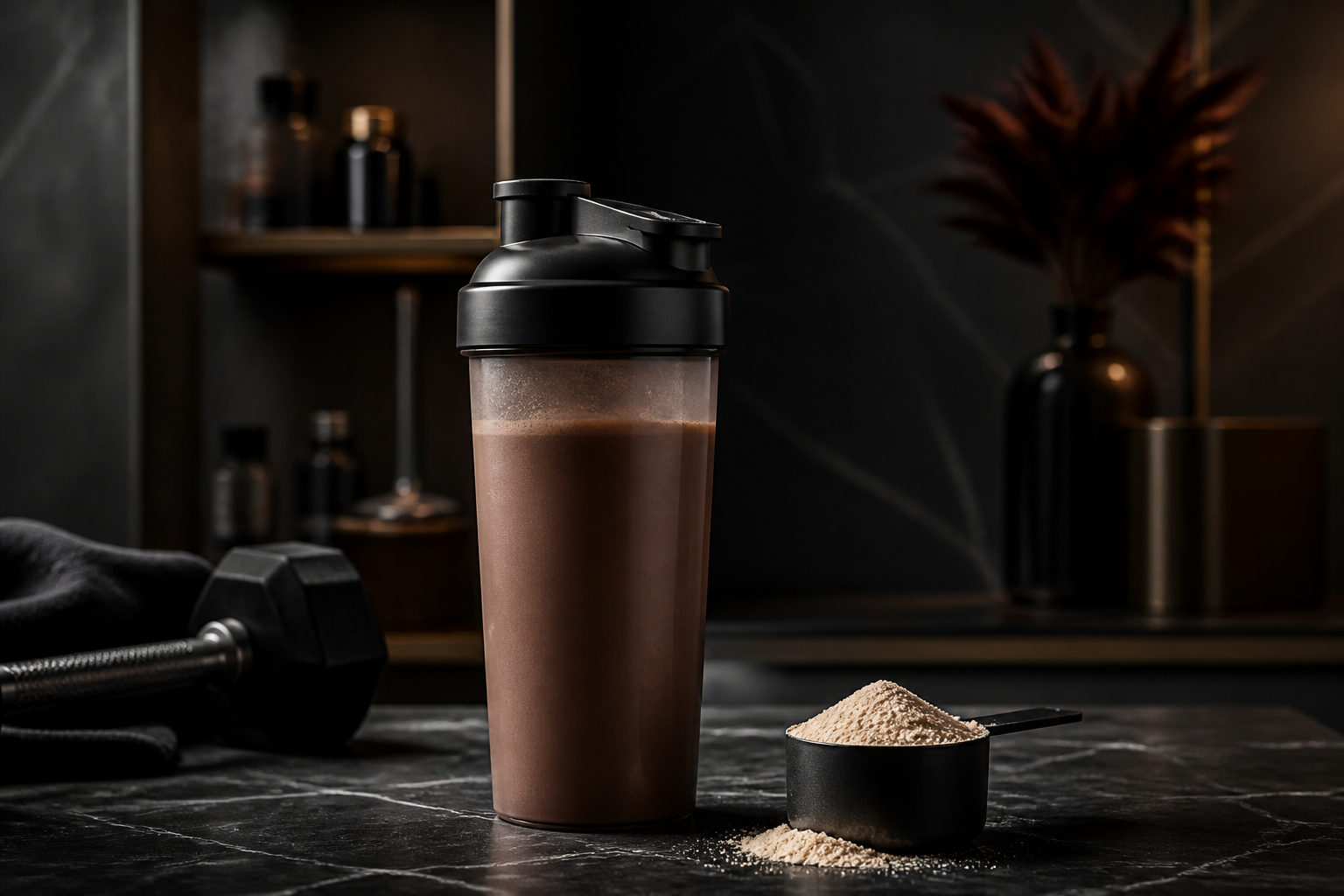 Batido de proteína en un vaso mezclador junto a una mancuerna, ambiente oscuro.
