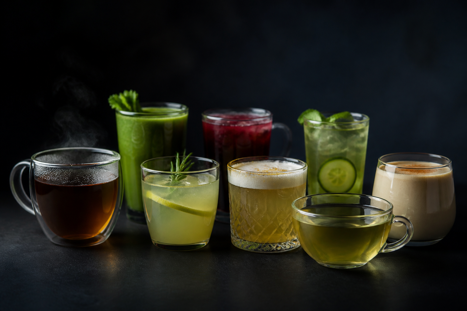 Variedad de infusiones y bebidas naturales sobre un fondo oscuro y minimalista.