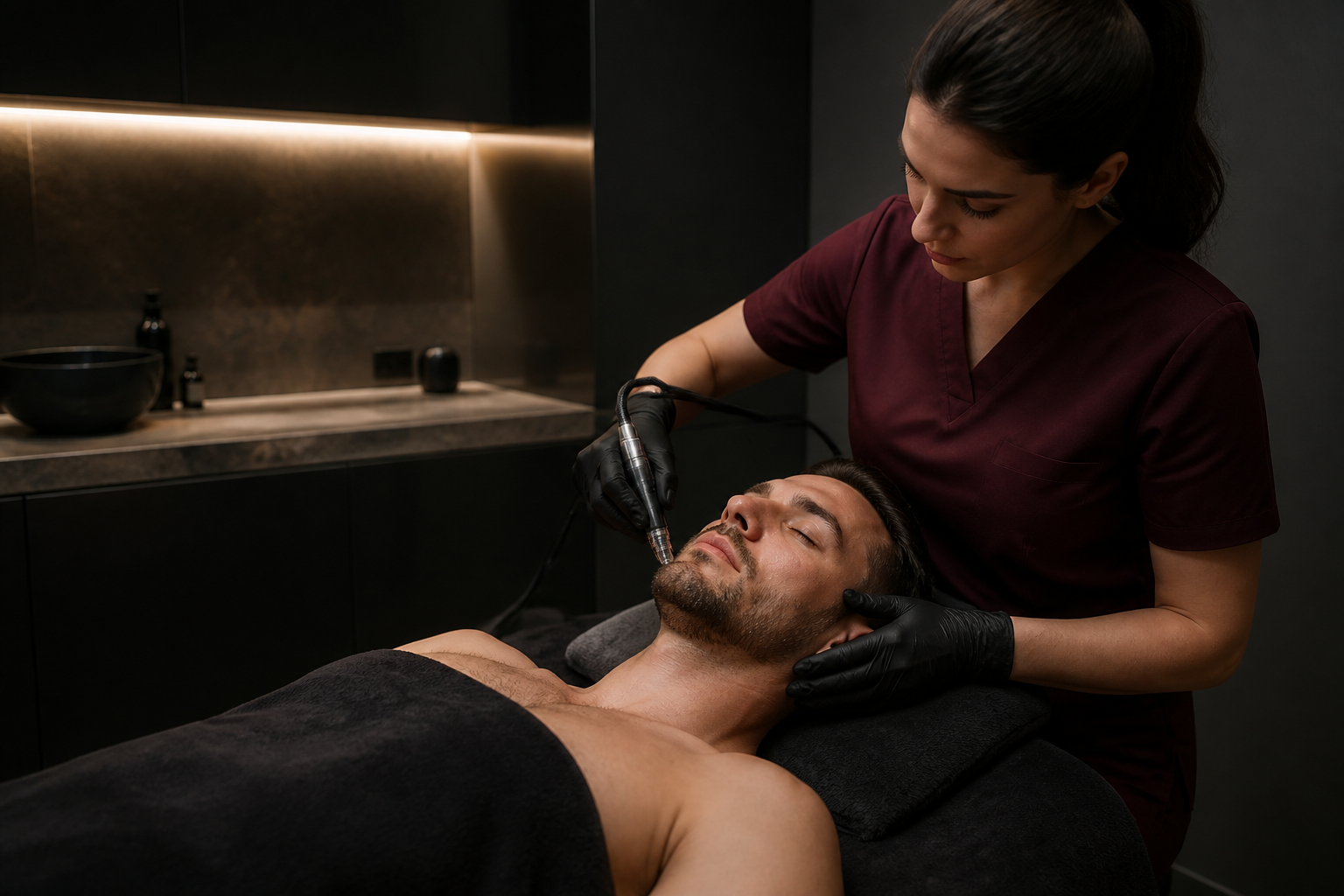 Tratamiento de estética masculina avanzada para un hombre en un centro especializado de Barcelona.