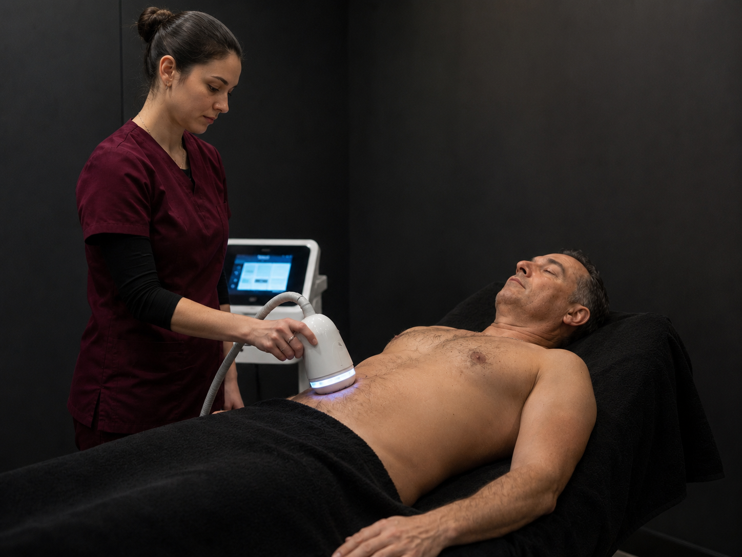 Tratamiento corporal no invasivo Body Transformation con Thermojet sobre el abdomen de un hombre tumbado en camilla.