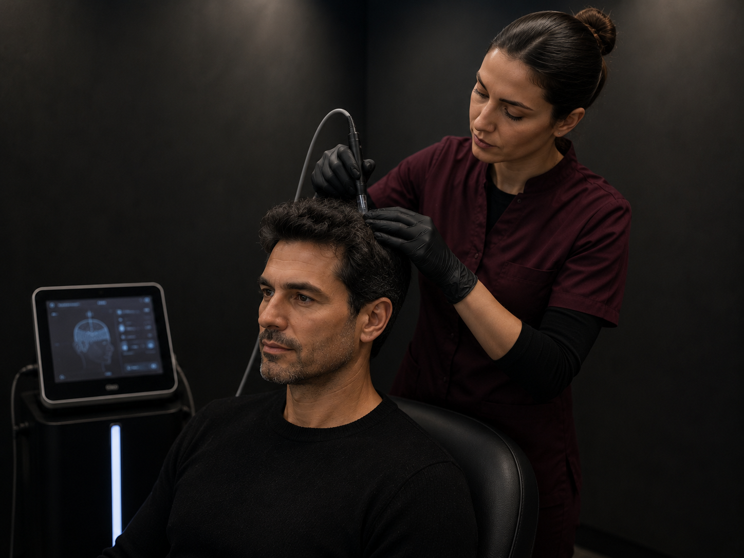 Diagnóstico capilar masculino: evaluación del cuero cabelludo con un dispositivo profesional en Barcelona.