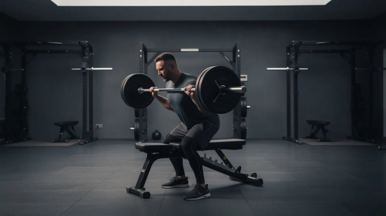 Un hombre entrena fuerza en un gimnasio oscuro y minimalista, con iluminación suave y paredes antracita, mientras realiza ejercicios para aumentar la masa muscular. Este ambiente moderno y premium refleja un enfoque en el crecimiento y la hipertrofia a través del entrenamiento de fuerza.