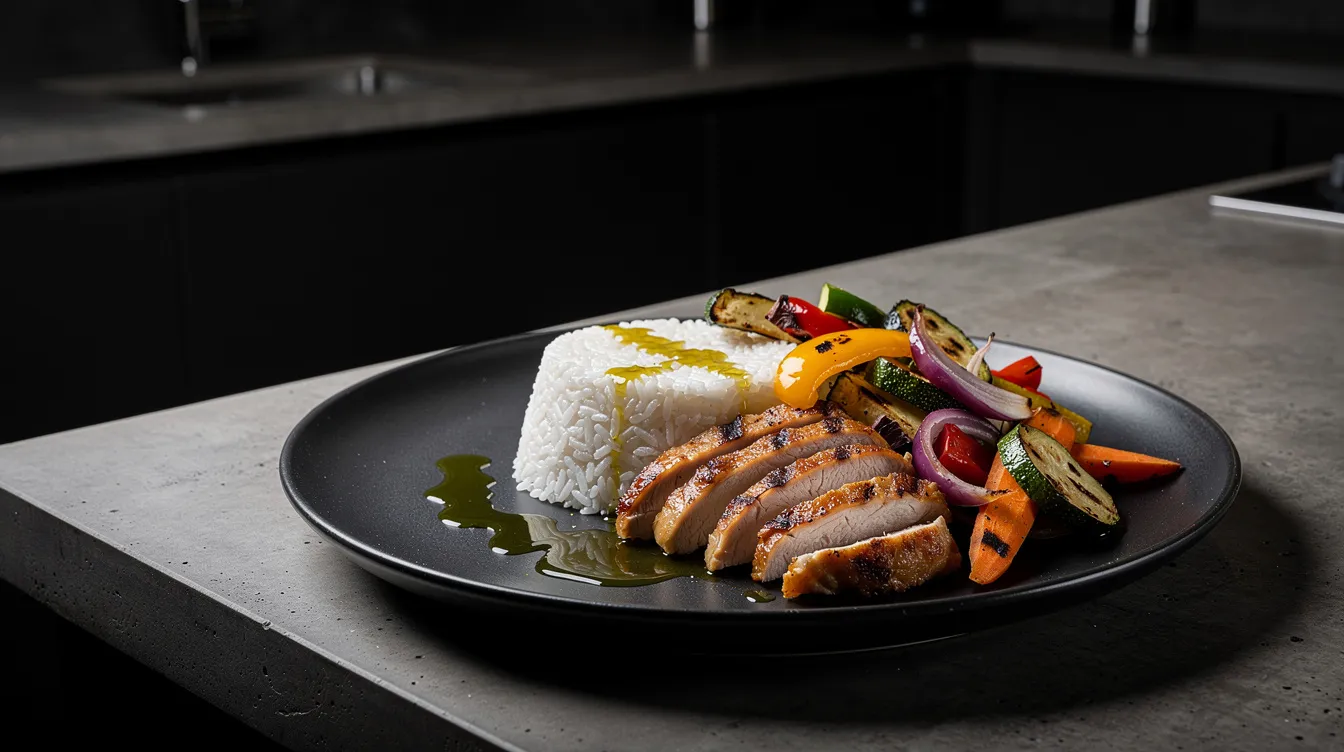 Un plato gourmet presenta arroz, pollo y verduras asadas, todo rociado con aceite de oliva, en un ambiente de cocina oscura y minimalista que refleja un estilo masculino moderno. Este tipo de alimentación es ideal para quienes buscan aumentar la masa muscular y mejorar su dieta en el proceso de entrenamiento.