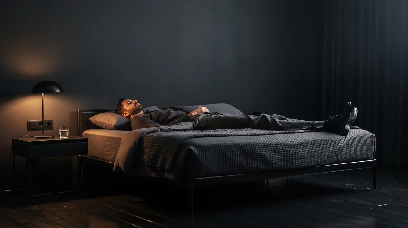 Un hombre está descansando en un dormitorio oscuro y elegante, con una iluminación suave que crea un ambiente minimalista y masculino. La escena sugiere un espacio de relajación ideal para reflexionar sobre el entrenamiento y la nutrición necesarios para aumentar la masa muscular.