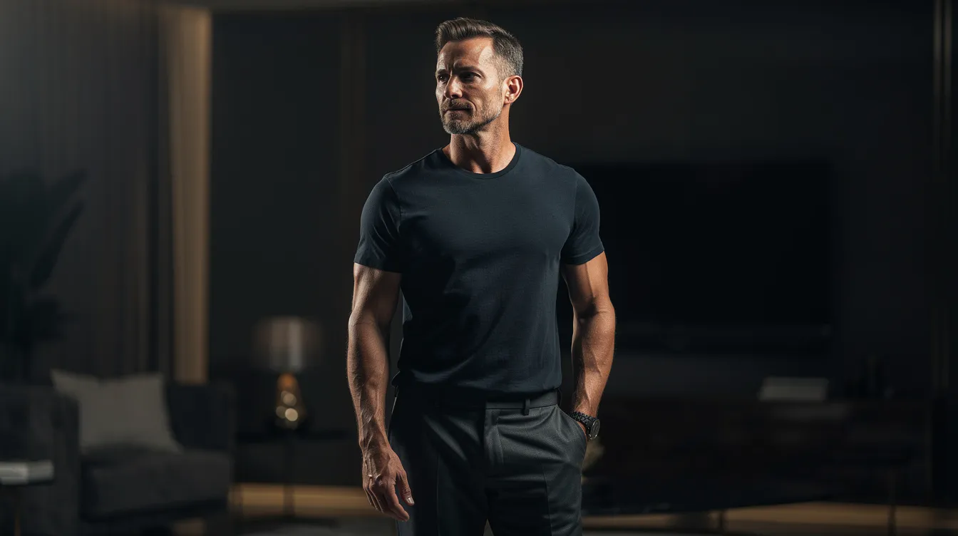 Hombre con un físico masculino fuerte y definido, resultado de entrenar, comer y descansar bien.