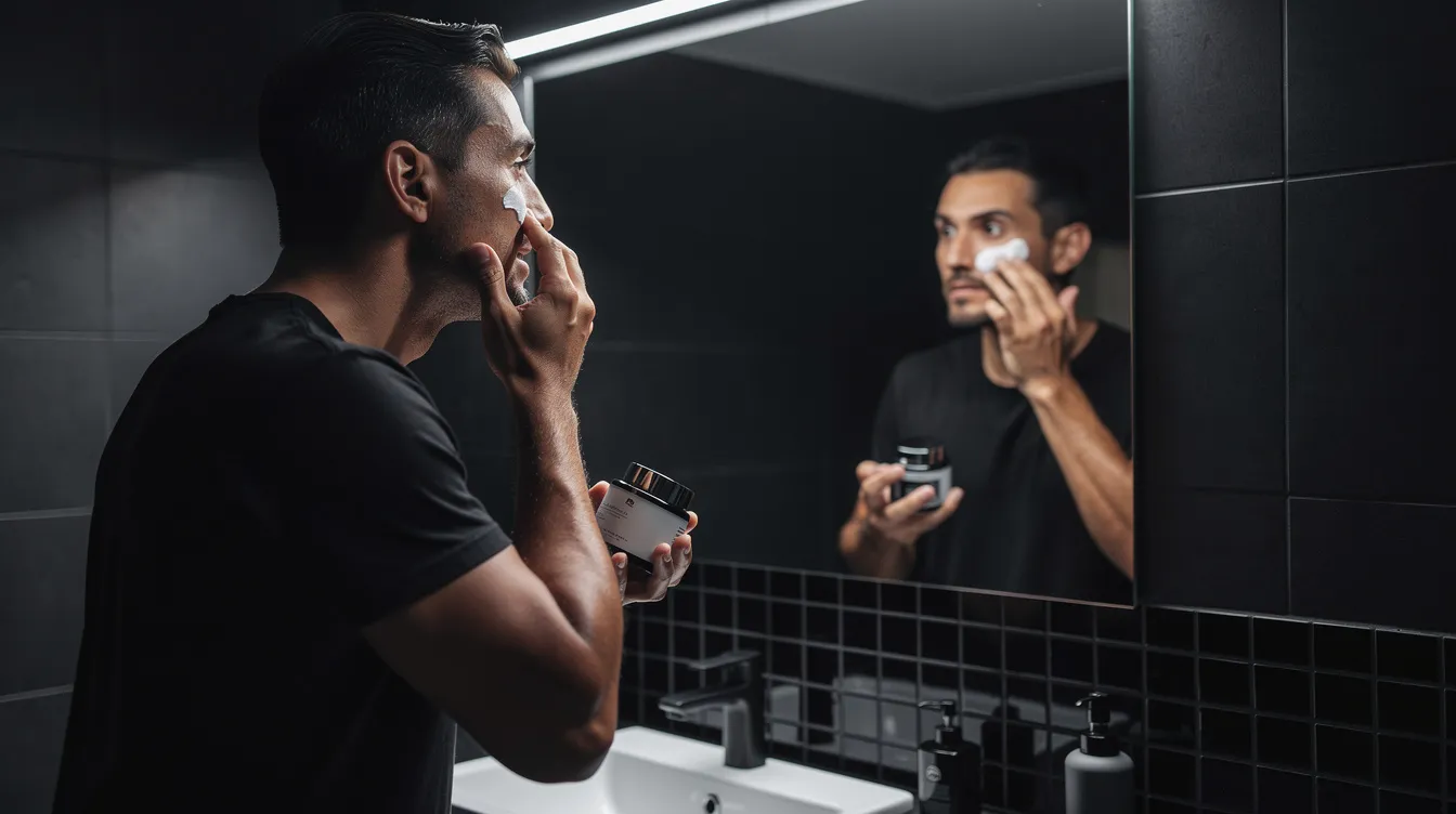 Un hombre está aplicando un hidratante facial en su rostro frente a un espejo en un baño minimalista de tonos negros y grises antracita, iluminado con una luz suave y cinematográfica. Este momento refleja el interés en el cuidado de la piel y el rejuvenecimiento facial, destacando la importancia de mantener una apariencia saludable y vital.