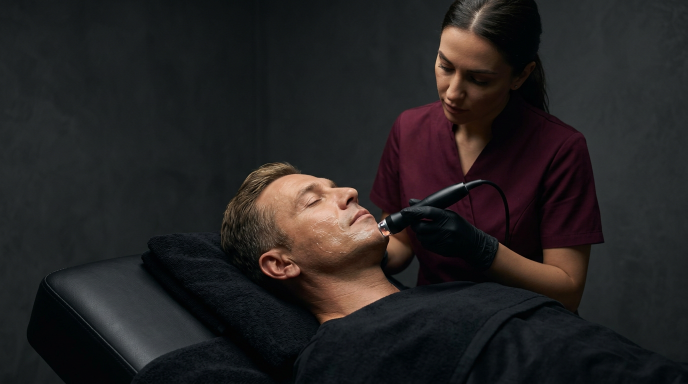 Esteticista en uniforme burdeos aplica un tratamiento facial no invasivo con radiofrecuencia sobre la mejilla de un hombre tumbado en camilla negra, en un ambiente oscuro y minimalista.