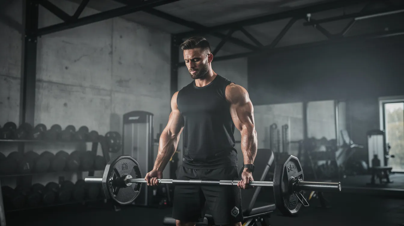 Un hombre entrena fuerza en un gimnasio oscuro con un ambiente industrial de antracita, iluminado suavemente, mientras trabaja en su cuerpo para eliminar la grasa localizada. La estética masculina y moderna del lugar resalta su dedicación a un estilo de vida saludable y activo.
