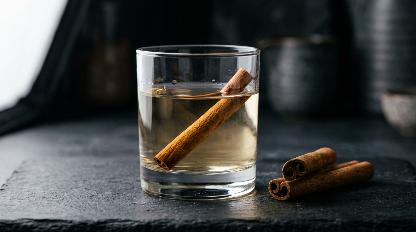 Vaso de agua con ramas de canela sobre una mesa oscura y elegante.