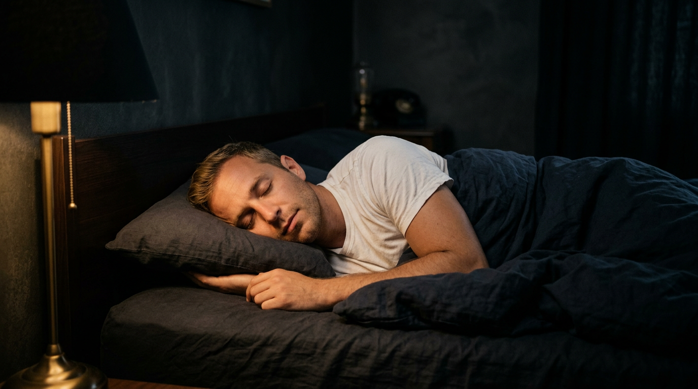 Hombre descansando en un dormitorio en penumbra, el sueño reparador como hábito de longevidad