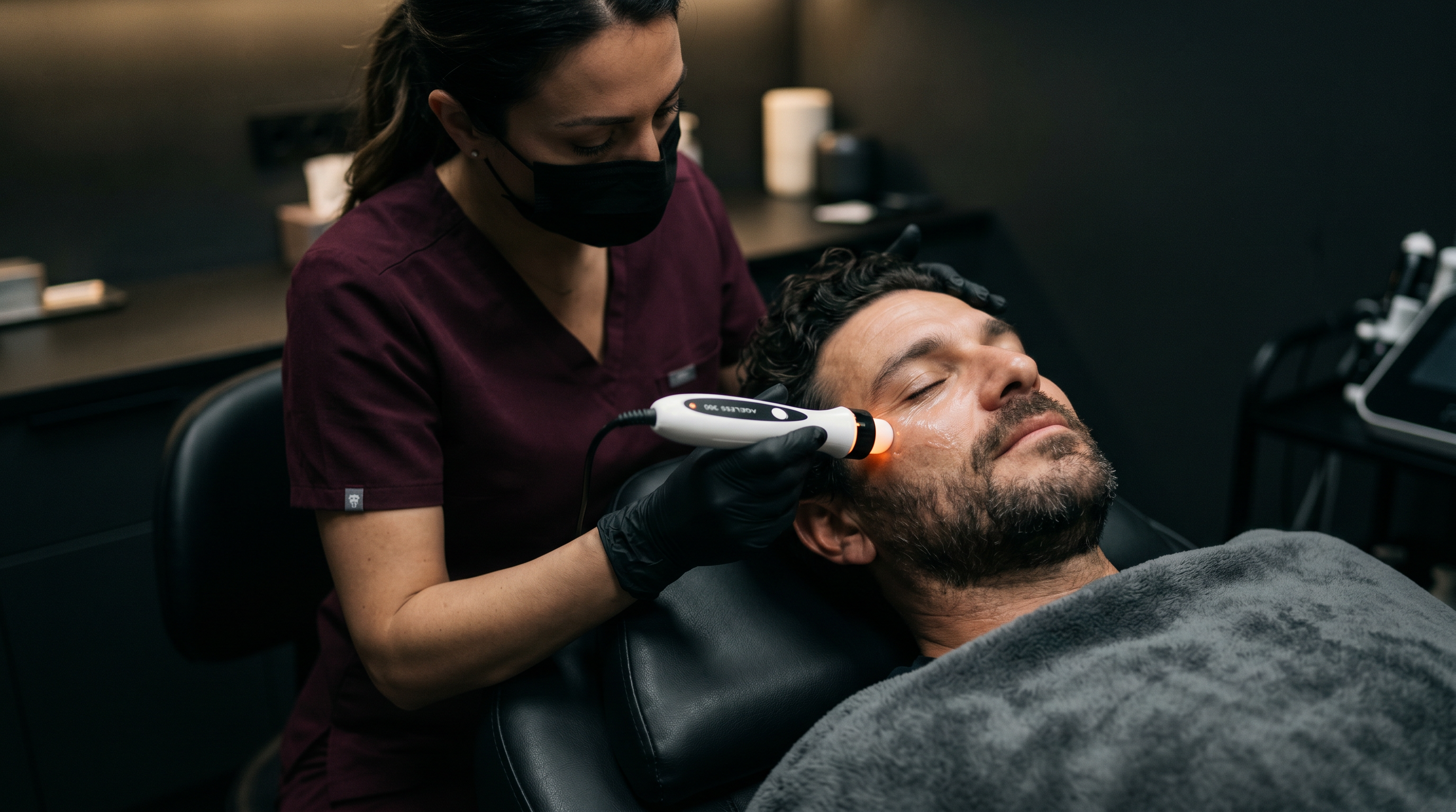 Esteticista con uniforme burdeos aplica un tratamiento no invasivo de radiofrecuencia en el contorno de los ojos a un hombre relajado y tumbado, en una cabina oscura y minimalista.