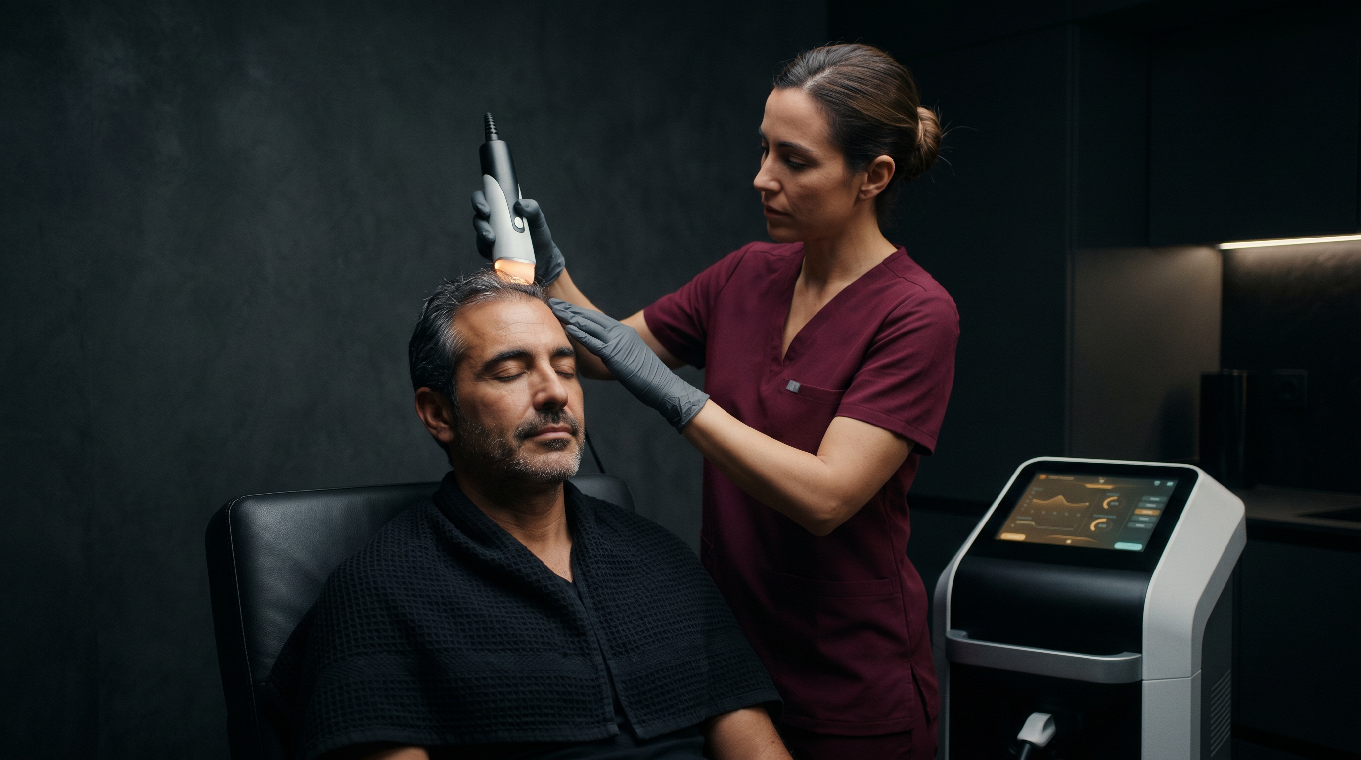 Tratamiento capilar con aparatología no invasiva y esteticista; dispositivo con pantalla, fondo antracita