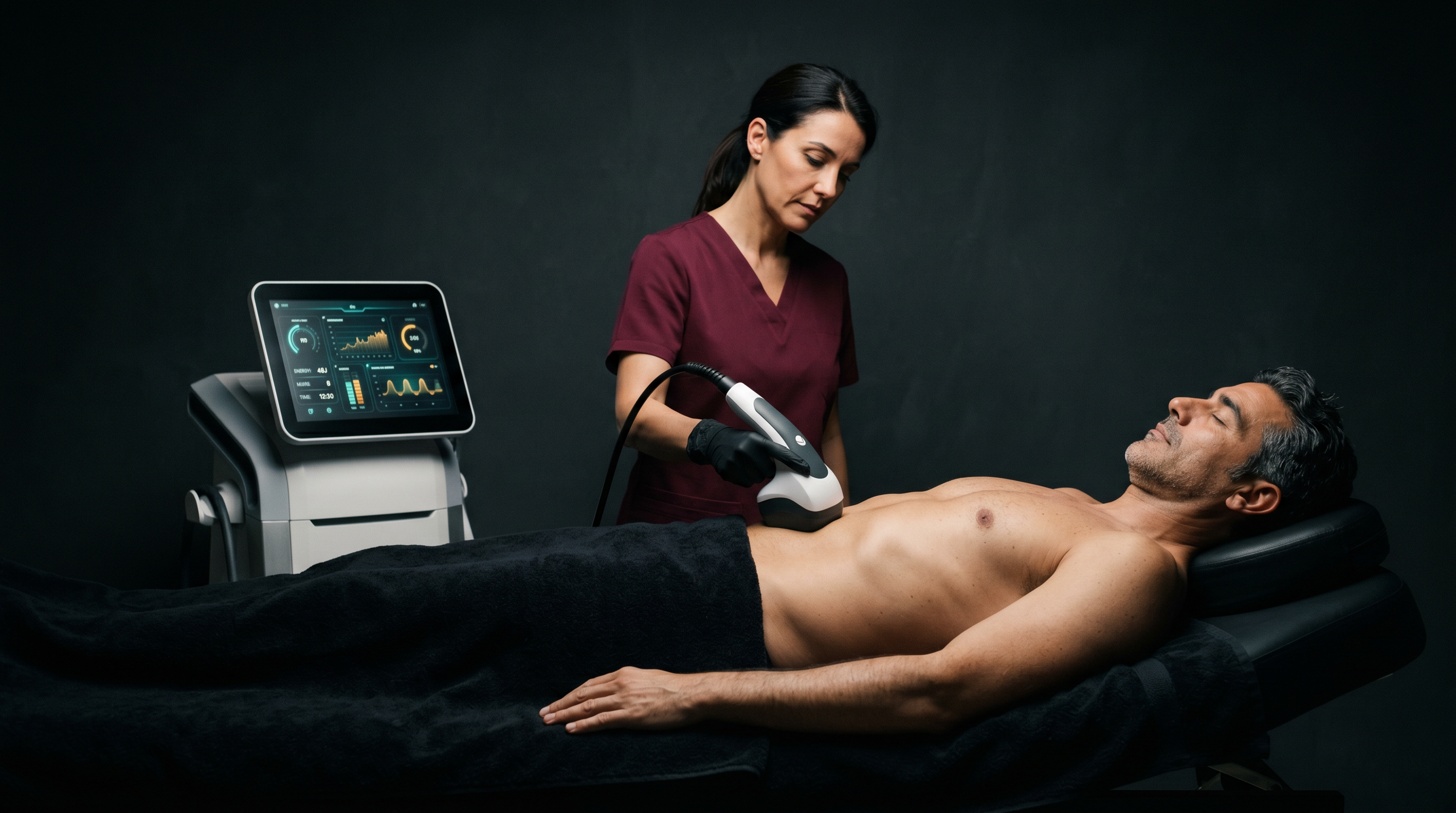 Tratamiento corporal con ultrasonido focalizado (Liposonix) sobre el abdomen; camilla negra, clínica premium oscura