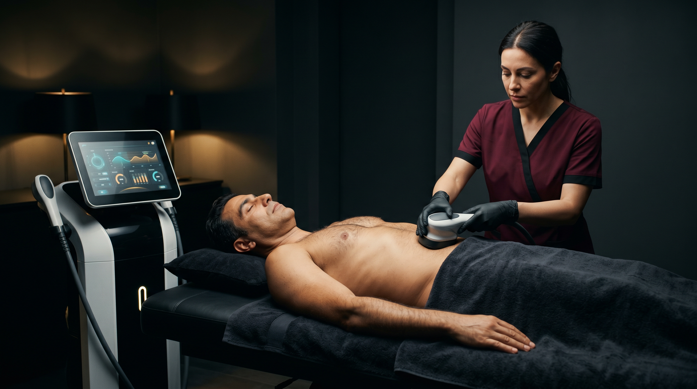 Hombre recibiendo un tratamiento de contorno corporal en Champions, esteticista aplicando dispositivo de contorno en el abdomen