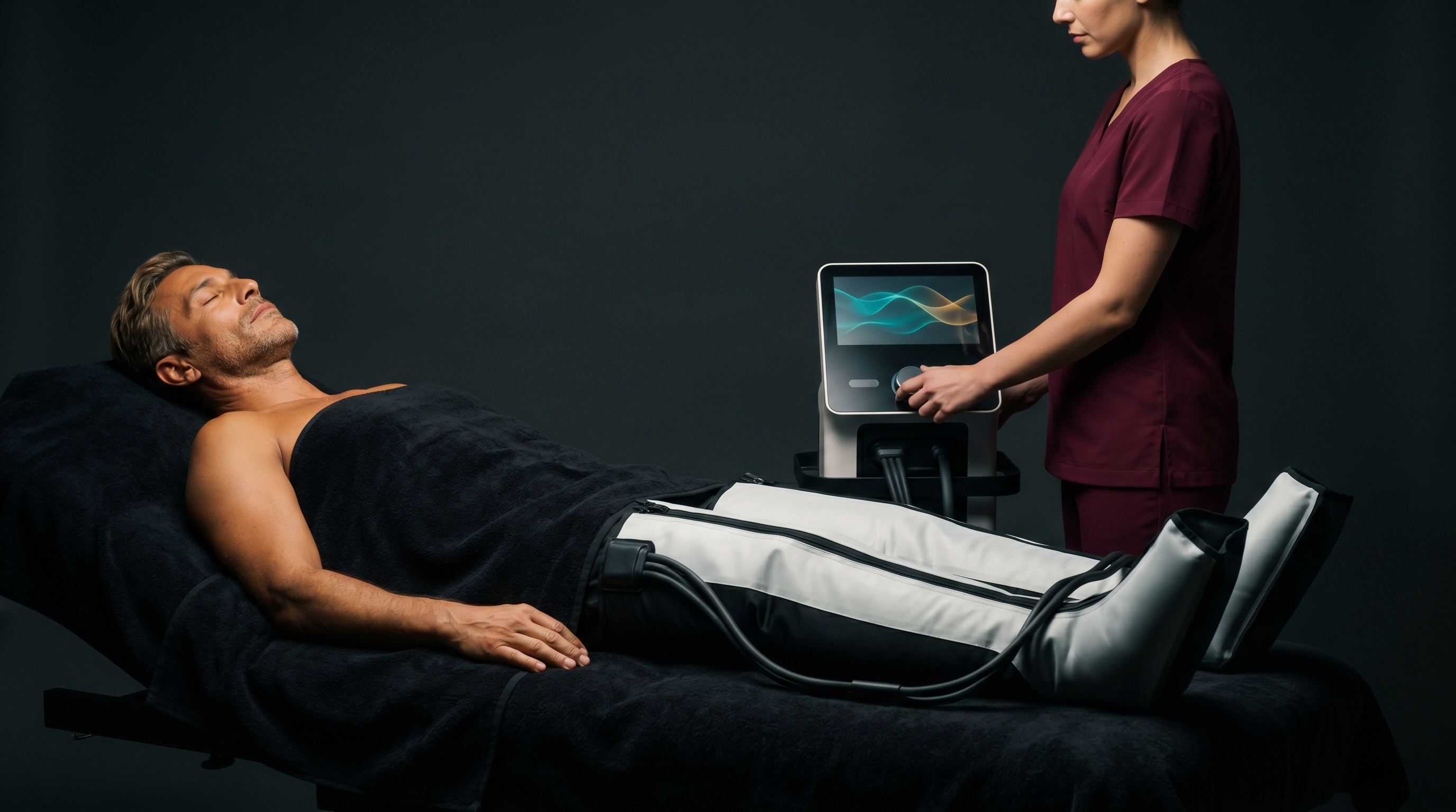 Hombre recibiendo presoterapia en las piernas con botas de compresión, esteticista de Champions ajustando el equipo