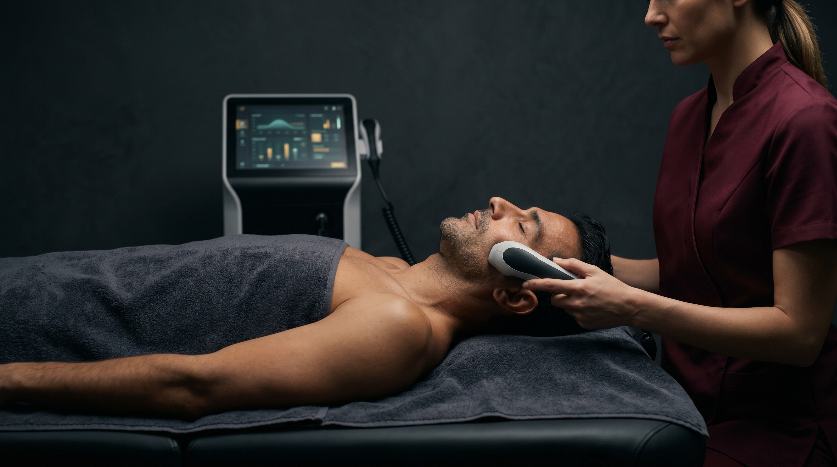 Hombre recibiendo un tratamiento de rejuvenecimiento facial en Champions, esteticista aplicando dispositivo con pantalla de control