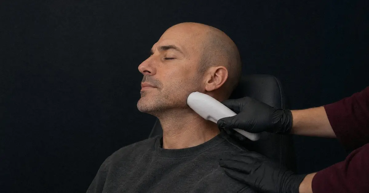 Ángulo mandibular de un hombre con barba de pocos días, mientras una especialista apoya un aplicador blanco bajo la oreja