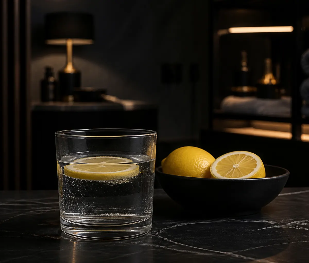 Vaso de agua con una rodaja de limón sobre superficie oscura, ambiente elegante y tenue.