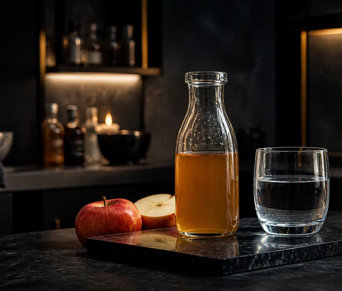 Botella de vinagre de manzana, un vaso de agua y manzanas sobre una encimera oscura.