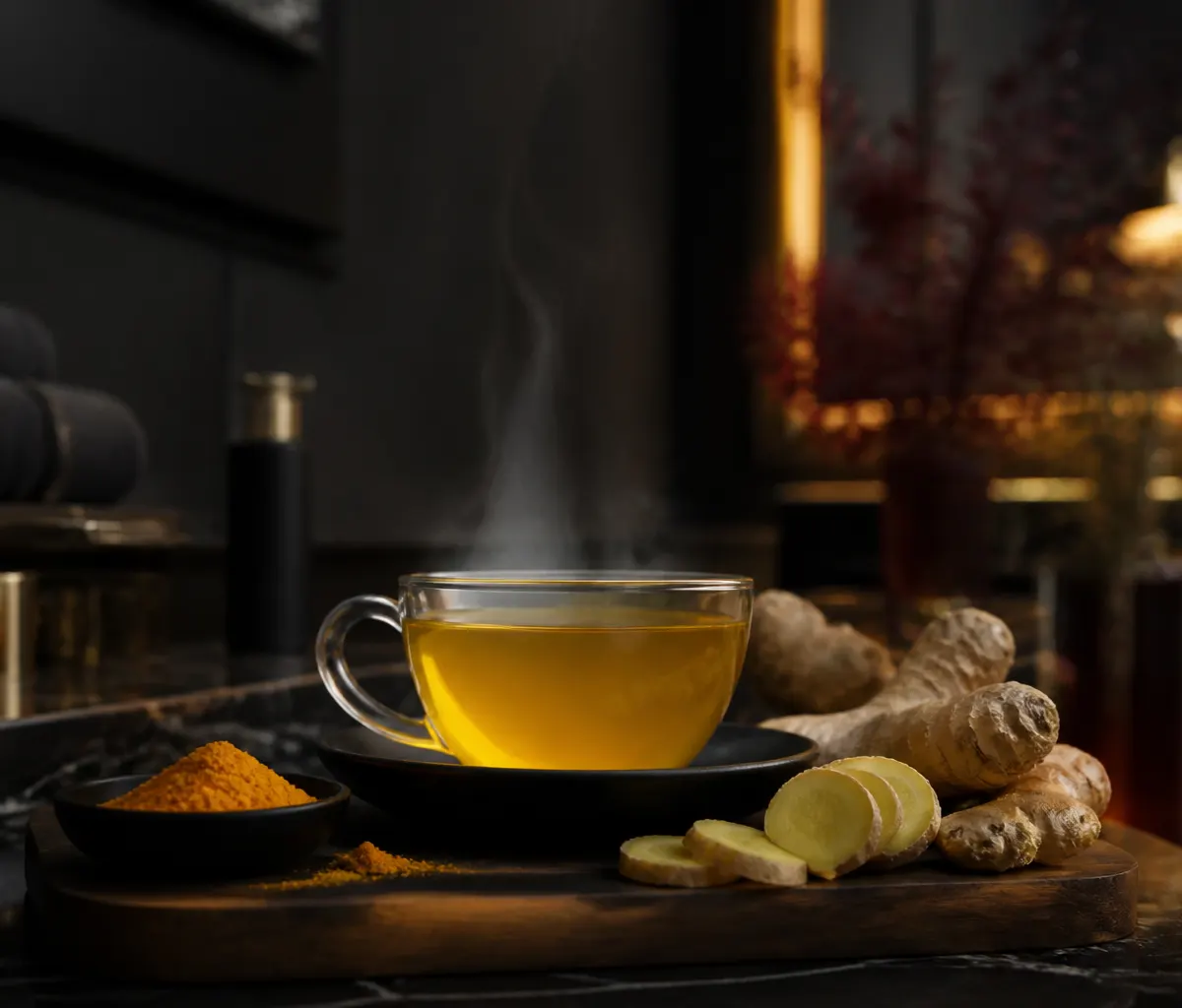 Taza de té caliente con jengibre fresco y cúrcuma sobre una tabla de madera, ambiente oscuro.