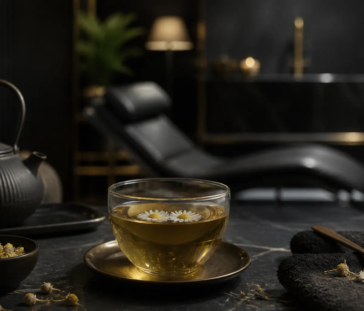 Taza de té de manzanilla con flores, ambiente relajante y tenue.