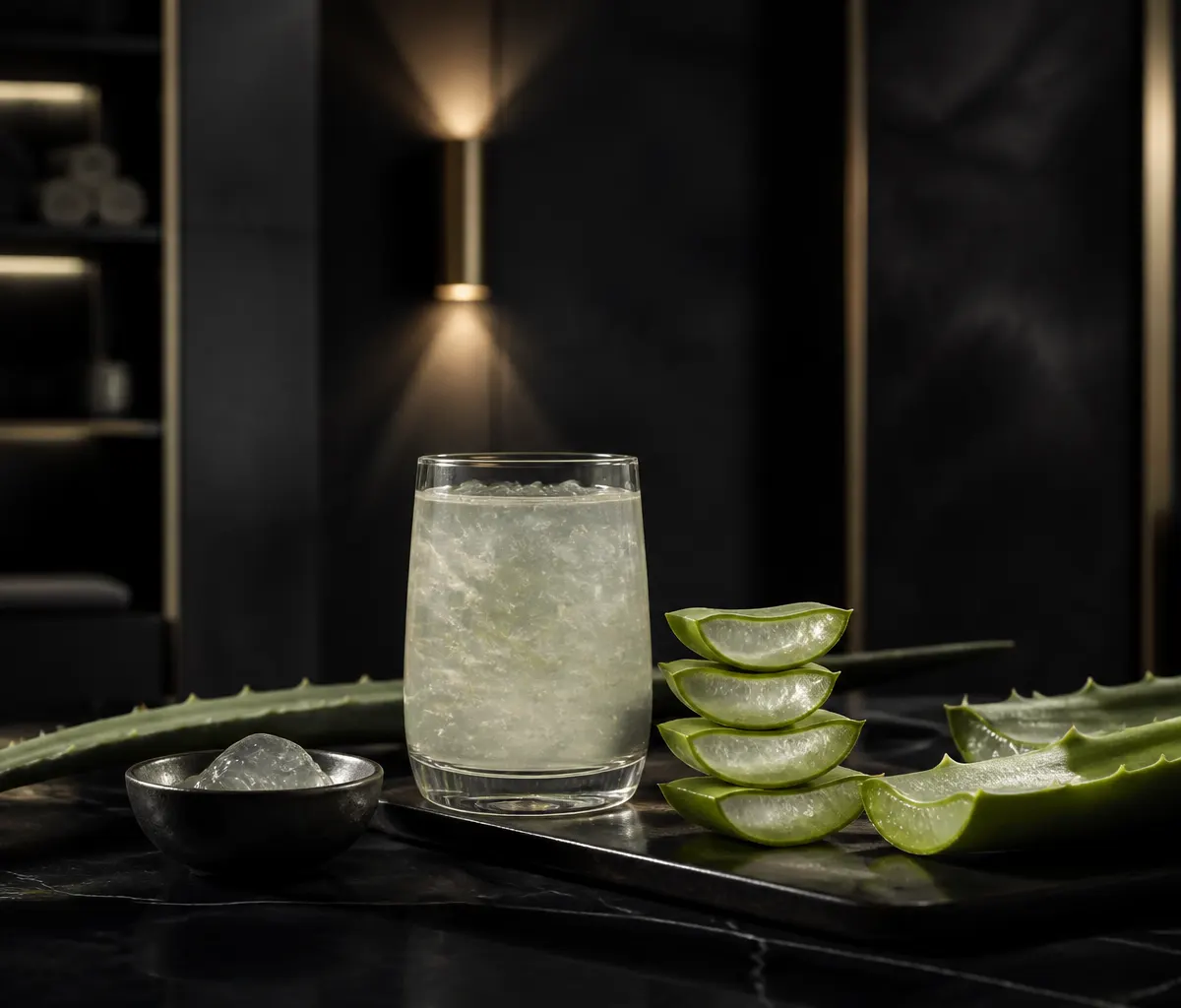 Vaso con jugo de aloe vera y hielo junto a hojas de la planta, superficie oscura.