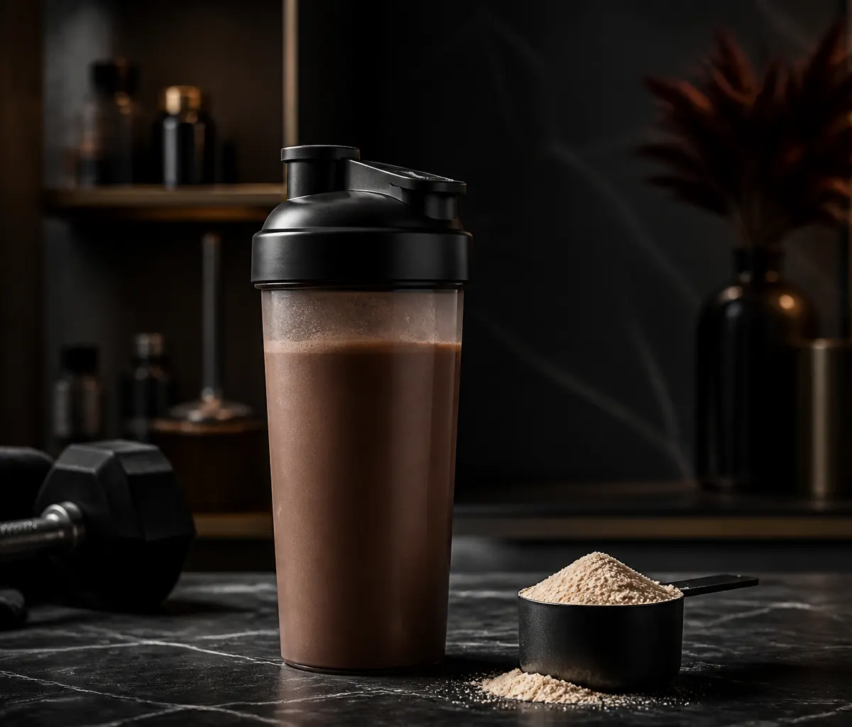 Batido de proteína en un vaso mezclador junto a una mancuerna, ambiente oscuro.