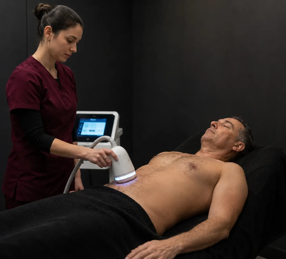 Tratamiento corporal no invasivo Body Transformation con Thermojet sobre el abdomen de un hombre tumbado en camilla.