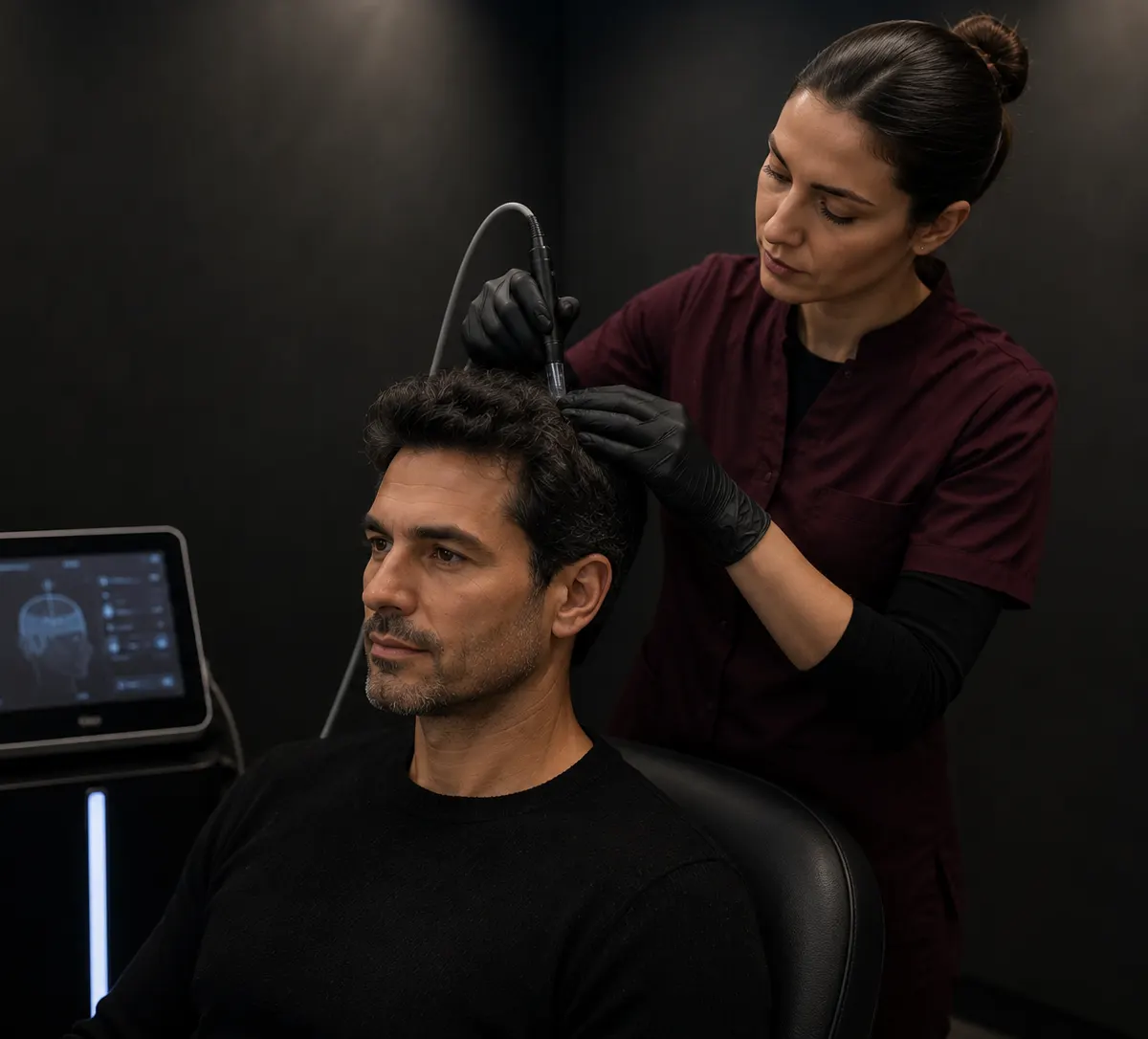 Diagnóstico capilar masculino: evaluación del cuero cabelludo con un dispositivo profesional en Barcelona.