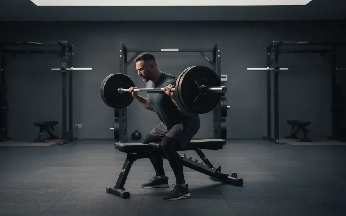 Un hombre entrena fuerza en un gimnasio oscuro y minimalista, con iluminación suave y paredes antracita, mientras realiza ejercicios para aumentar la masa muscular. Este ambiente moderno y premium refleja un enfoque en el crecimiento y la hipertrofia a través del entrenamiento de fuerza.