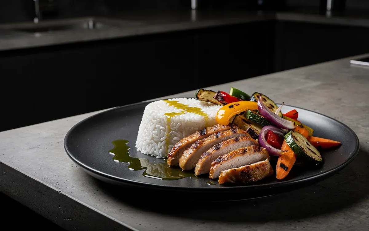 Un plato gourmet presenta arroz, pollo y verduras asadas, todo rociado con aceite de oliva, en un ambiente de cocina oscura y minimalista que refleja un estilo masculino moderno. Este tipo de alimentación es ideal para quienes buscan aumentar la masa muscular y mejorar su dieta en el proceso de entrenamiento.