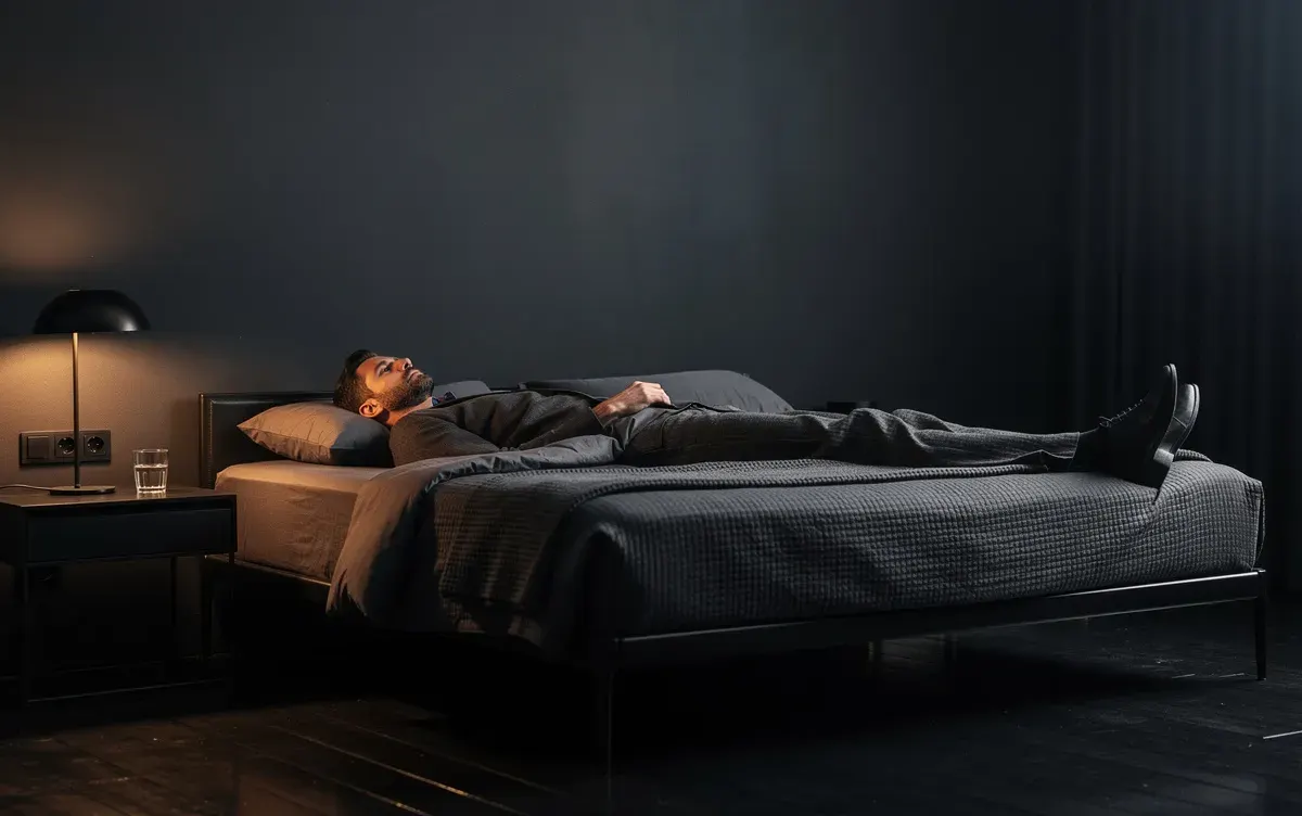 Un hombre está descansando en un dormitorio oscuro y elegante, con una iluminación suave que crea un ambiente minimalista y masculino. La escena sugiere un espacio de relajación ideal para reflexionar sobre el entrenamiento y la nutrición necesarios para aumentar la masa muscular.