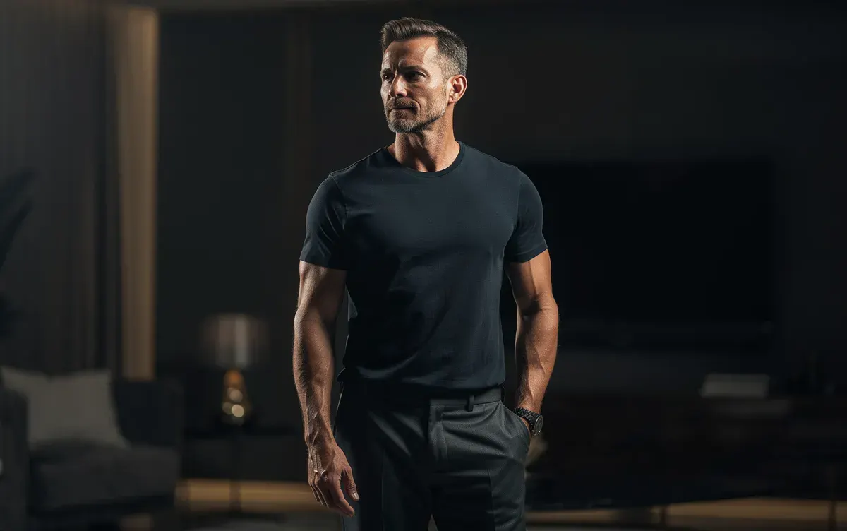 Hombre con un físico masculino fuerte y definido, resultado de entrenar, comer y descansar bien.