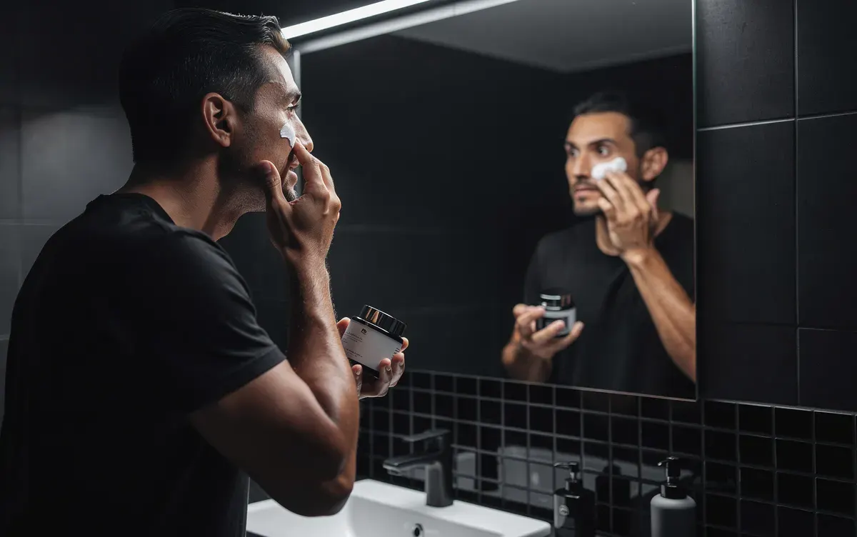 Un hombre está aplicando un hidratante facial en su rostro frente a un espejo en un baño minimalista de tonos negros y grises antracita, iluminado con una luz suave y cinematográfica. Este momento refleja el interés en el cuidado de la piel y el rejuvenecimiento facial, destacando la importancia de mantener una apariencia saludable y vital.