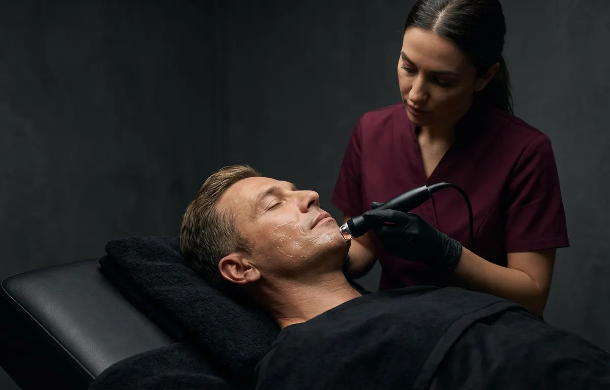 Esteticista en uniforme burdeos aplica un tratamiento facial no invasivo con radiofrecuencia sobre la mejilla de un hombre tumbado en camilla negra, en un ambiente oscuro y minimalista.