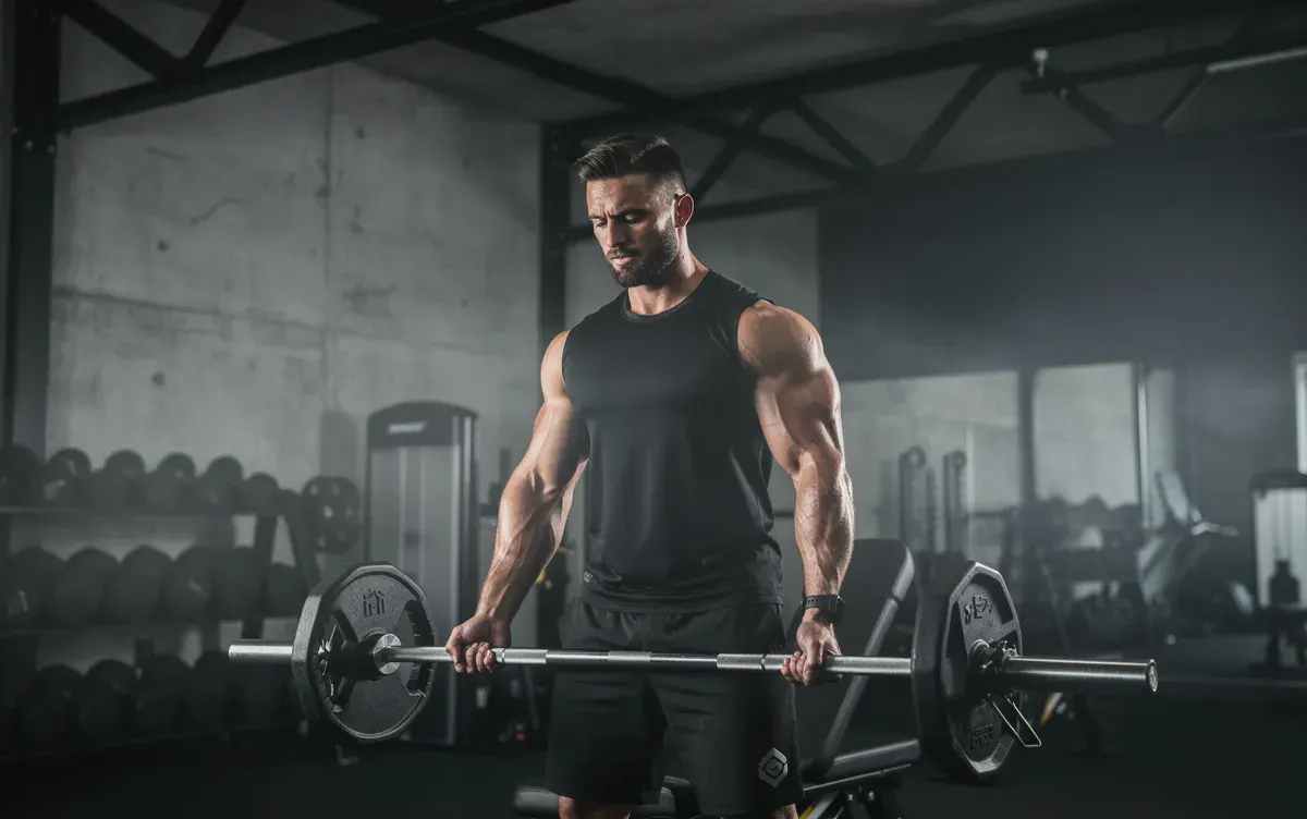 Un hombre entrena fuerza en un gimnasio oscuro con un ambiente industrial de antracita, iluminado suavemente, mientras trabaja en su cuerpo para eliminar la grasa localizada. La estética masculina y moderna del lugar resalta su dedicación a un estilo de vida saludable y activo.