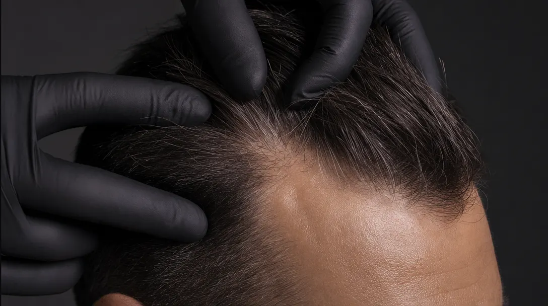 Detalle macro de un cuero cabelludo masculino sano con folículos densos, examinado por dedos profesionales con guantes