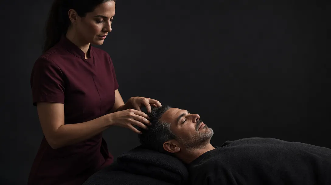 Esteticista con uniforme profesional minimalista en color burdeos realizando un tratamiento capilar a un hombre tumbado en una camilla horizontal, ambiente cinematográfico