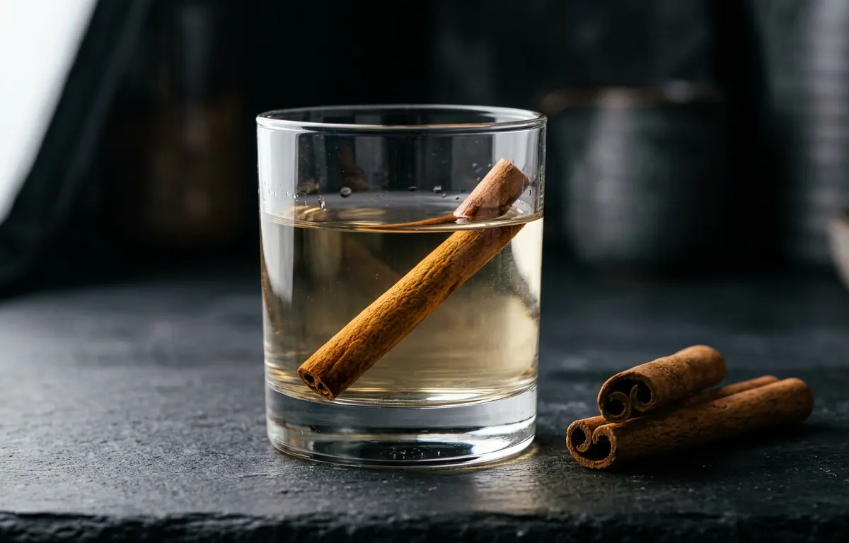 Vaso de agua con ramas de canela sobre una mesa oscura y elegante.
