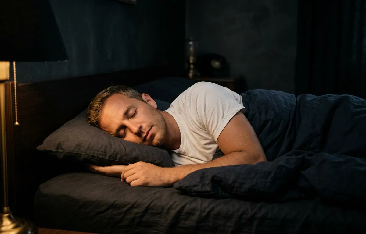 Hombre descansando en un dormitorio en penumbra, el sueño reparador como hábito de longevidad
