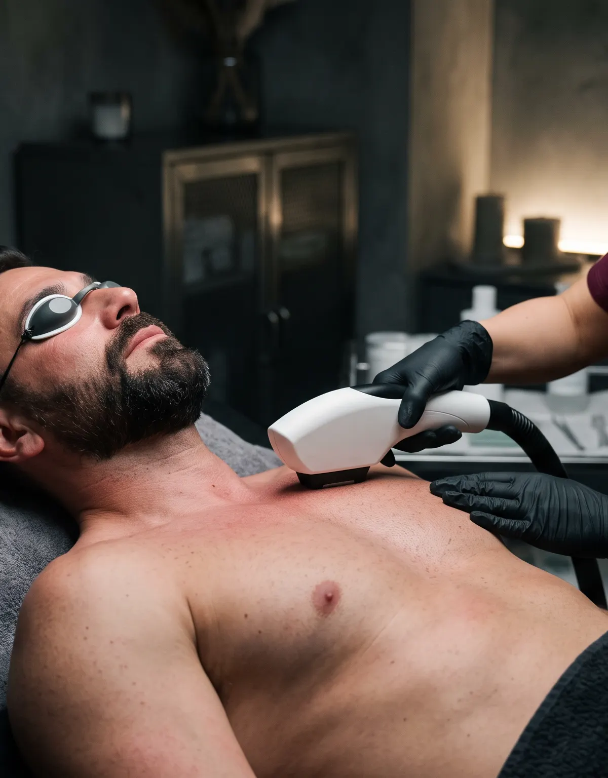Esteticista con uniforme burdeos y gafas de protección aplica un cabezal de depilación láser en el torso de un hombre tumbado, también con gafas protectoras, en una cabina oscura y minimalista.