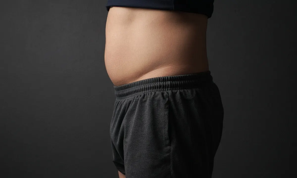 Hombre mediterráneo cotidiano, abdomen y flancos, luz suave sobre fondo antracita; enfoque Body Victory