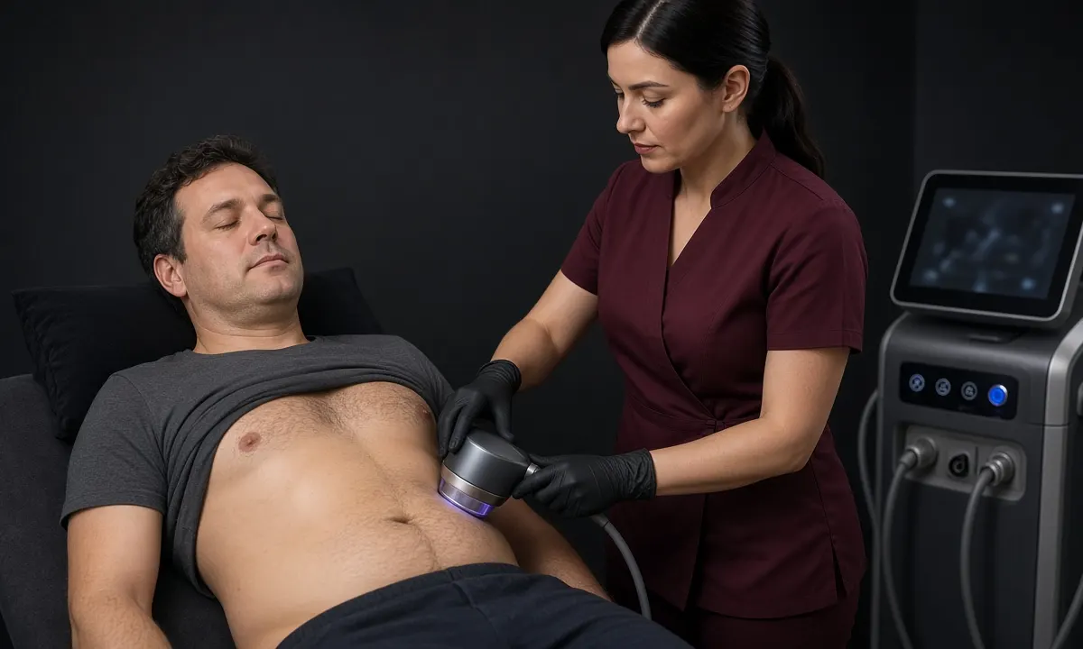 Tratamiento corporal no invasivo en cabina antracita: aparato gris-negro con pantalla de gráficos y esteticista en uniforme burdeos