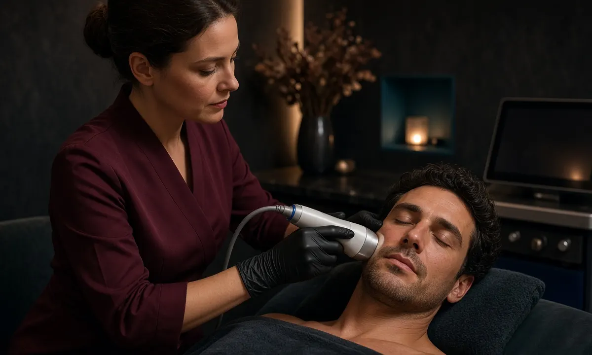 Tratamiento facial no invasivo en cabina antracita: aparato gris-negro con pantalla de gráficos y esteticista en uniforme burdeos