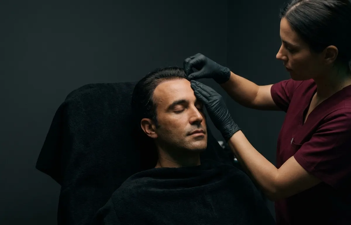 Aplicación de sistema capilar Elite Hair (prótesis) en cabina antracita: esteticista burdeos colocando el sistema